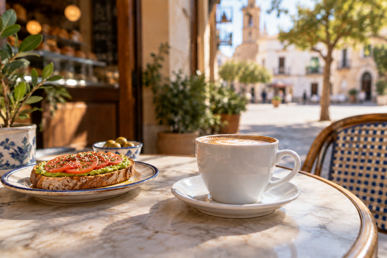 Café con leche y tostada en una terraza de España